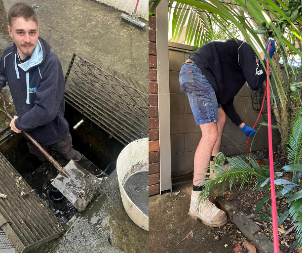 Dream plumbing and gas employees performing a drain unblocking with the use of a shovel and high-pressure jetting equipment.
Plumber sydney.