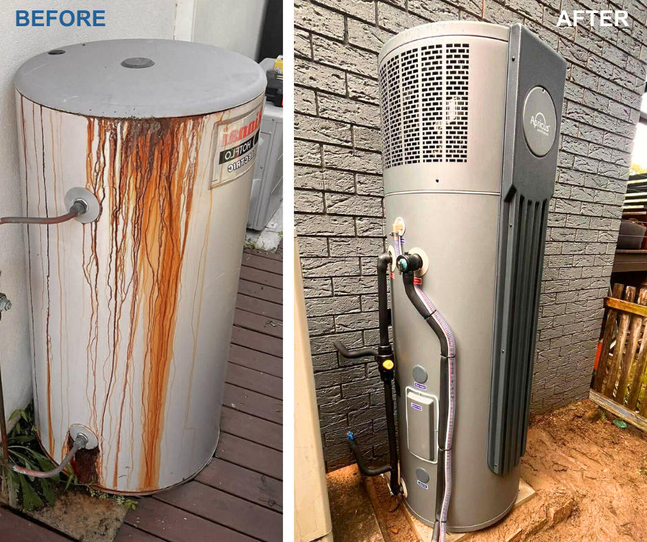 rusted old hot water system replaced by new hot water system
